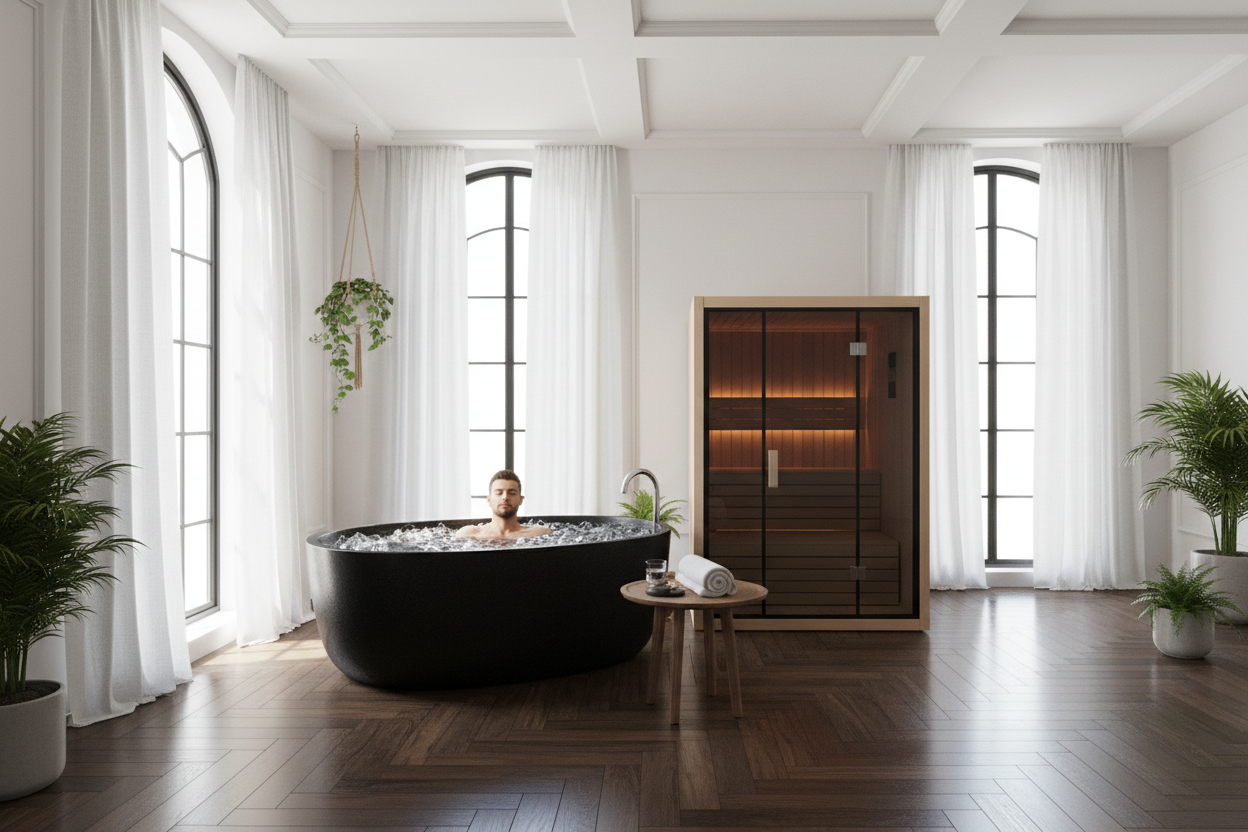 Generate a banner image suitable for a premium online store, but with natural lighting. Feature a photorealistic "Luxury" vibe of a modern architectural high end light and welcoming relaxing wellness room with a dark wood parquet flooring high ceilings and arched windows with black details and linens curtains and white walls and a ice plunge with ice with a man inside and a sauna as the clear focus.